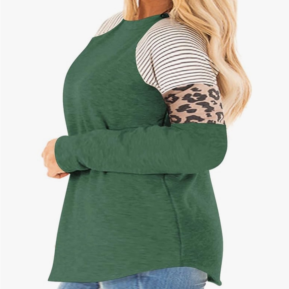 LANREMON Plus Size Tops Women Leopard Printed Long Sleeve Top, Color Block Tunic